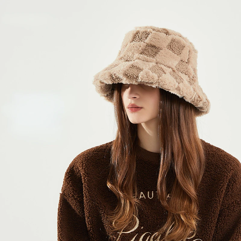 

Korean Lamb Wool Plaid Bucket Hat Women's Thickened Warm Winter Windproof Basin Hats Outdoor Leisure Flat Top Panama Bob Cap