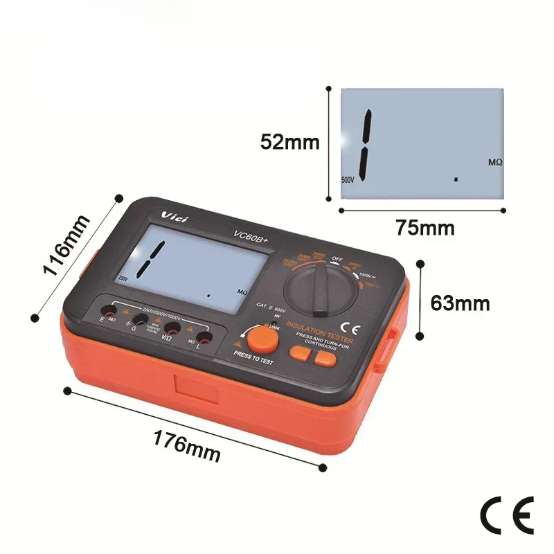 VC60B + 디지털 절연 저항 테스터, LCD 1000V 절연, 0-2000M 옴 고전압 단락 입력 알람
