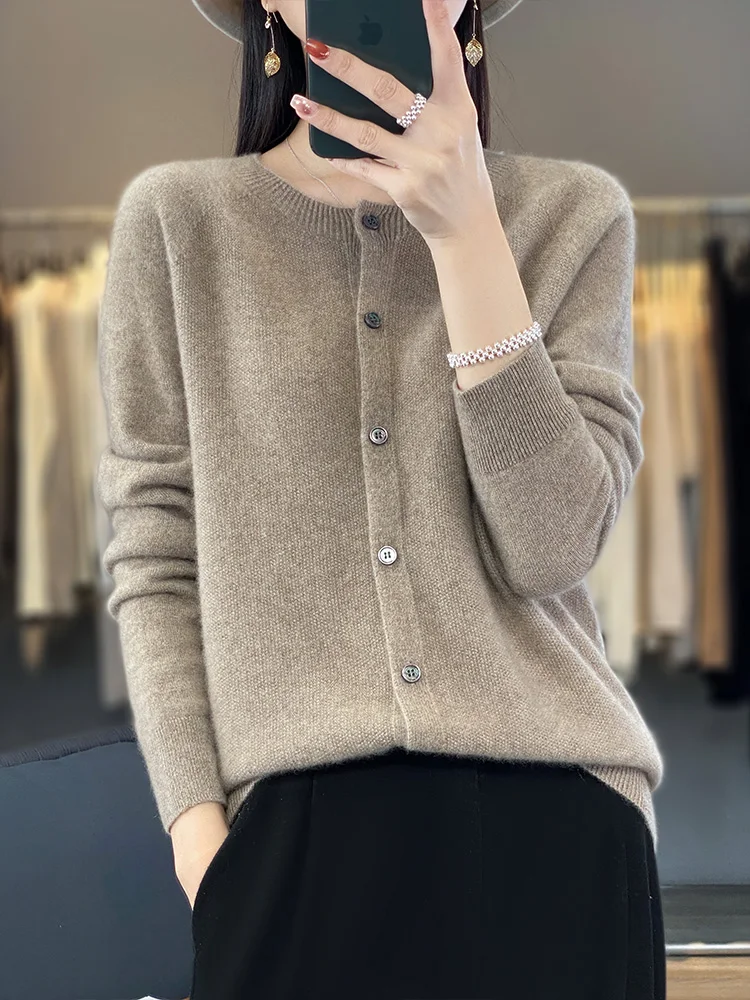 100% 메리노 스웨터 여성용, 캐시미어 가디건, 단색 상의, 가을 및 겨울