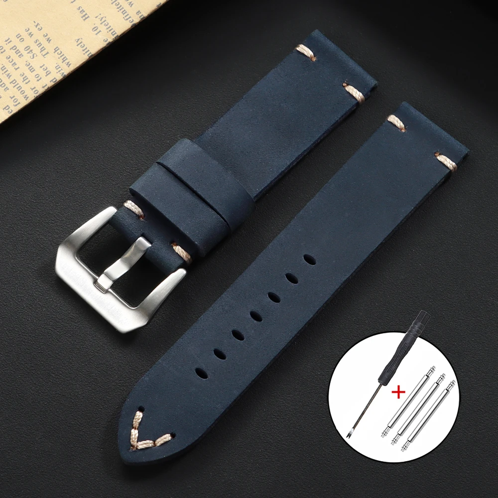 Vintage Genuine Leather Cowhide Watch Band - Soft Stitching Crazy Horse Calfskin Bracelet