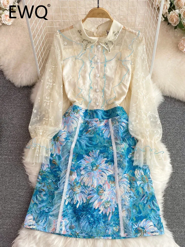 

EWQ Sweet Style Women's Dress Diamond Lapel Mesh Embroidery Patchwork Jacquard Weave A-line Dresses Autumn Winter 2023 New 4638