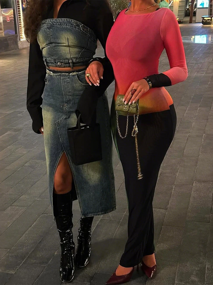 Nibber Fashion Contrast Patchwork Design Dress Woman Autumn Trend o-Neck Full Sleeve Skinny Stretch Street Elegant Long Bodycon