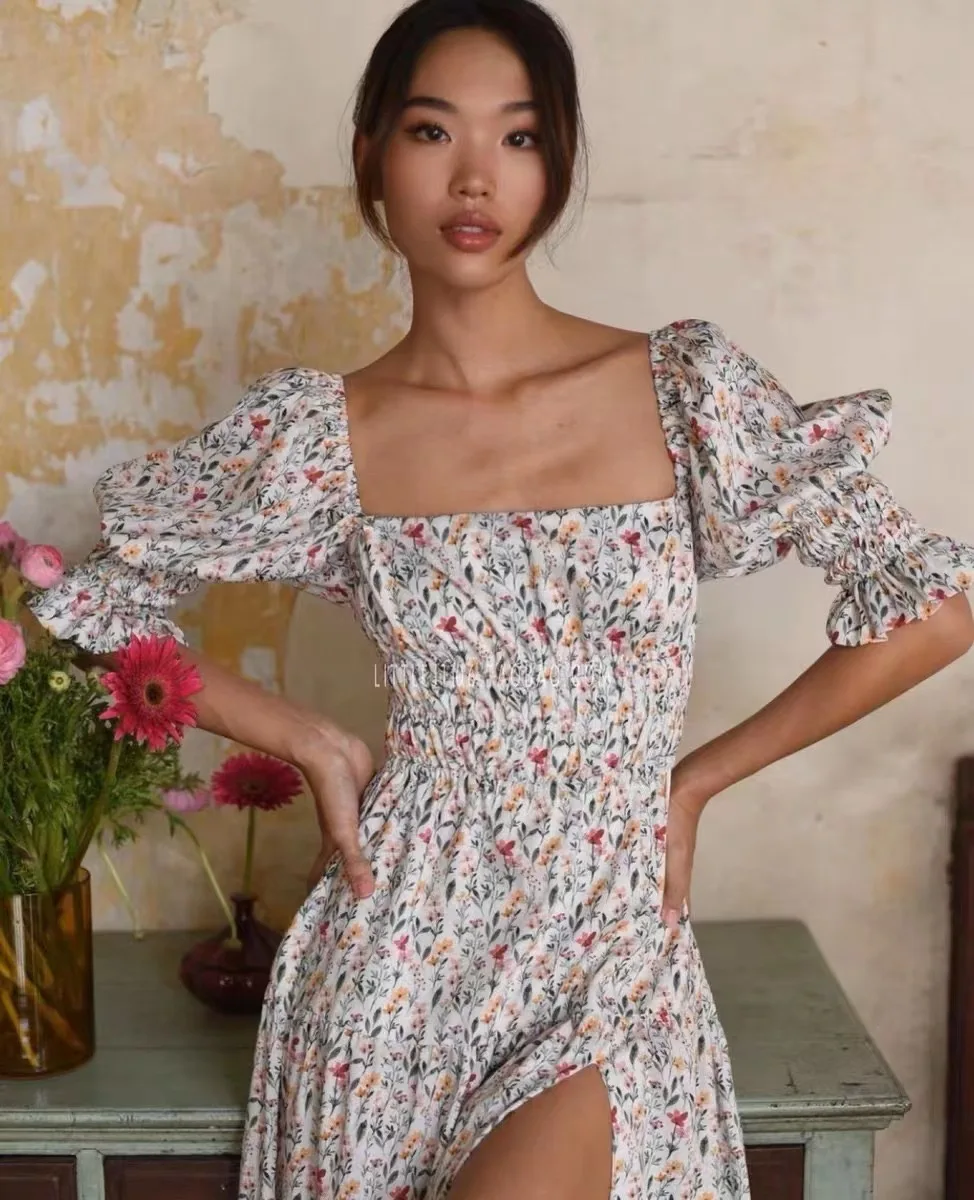 

Женское винтажное платье до щиколотки, с принтом, рукавами-фонариками и открытой спиной