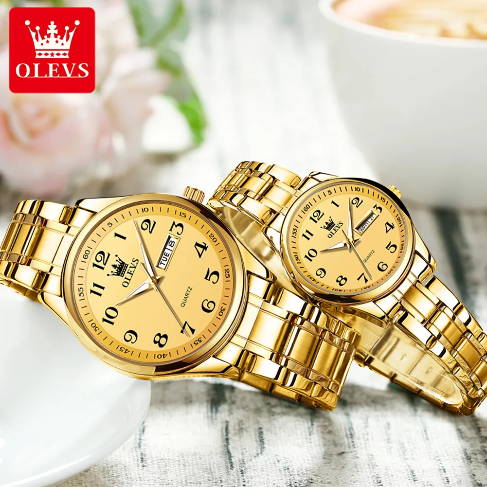 OLEVS 5567 Gold Stainless Steel Couple Watches Pair Men and Women Fashion Quartz Wristwatches Luxury Waterproof Lovers Watch Set