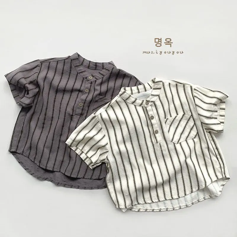 어린이용 여름용 스트라이프 반팔 셔츠, 얇은 일본풍 다용도 상의, 남아 여아 용 루즈핏 라운드넥 베이스 셔츠