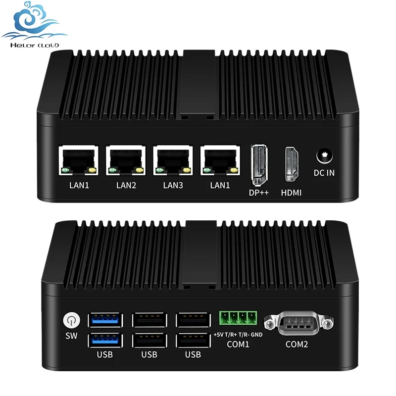 

Helorpc 4LAN2COM промышленный мини-ПК с Inter N100 DDR4 RS485/RS232 Поддержка Windows 10 LINUX WIFI Bluetooth Безвентиляторный Компьютер