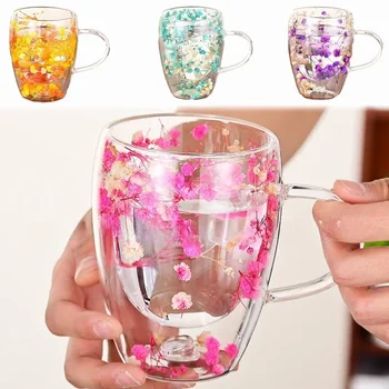 Copo de vidro de parede dupla 350ml com alça, flor seca decorada, caneca de café e leite, resistente ao calor, suprimentos de cozinha para presentes de amigos 1