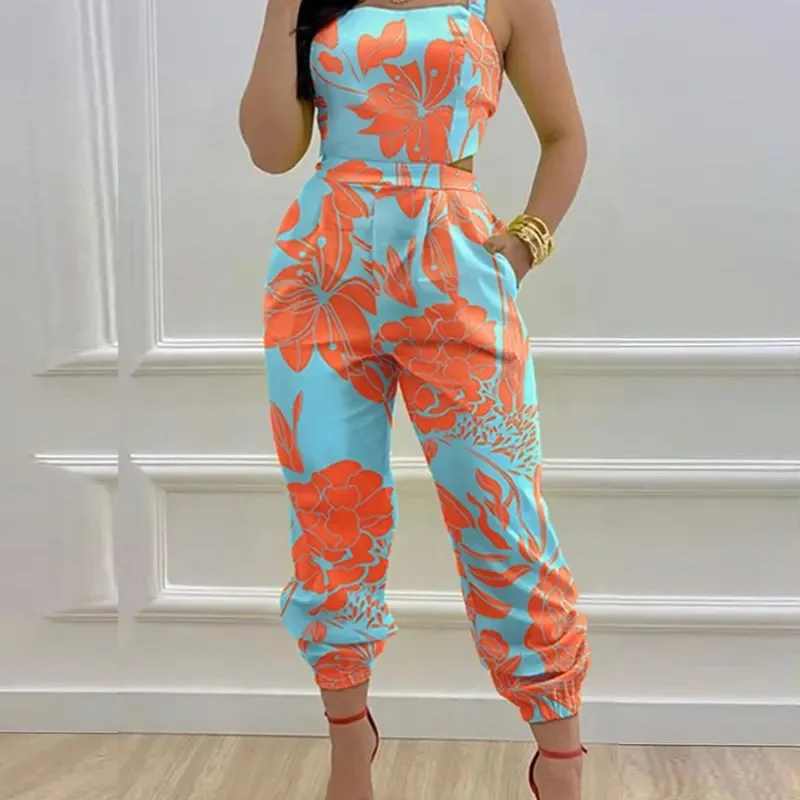 Spring/Summer 2023 Fashion Strap Print Jumpsuit Feminino Open Back Lace Up Jumpsuit Mono Elegante Mujer Woman Rompers Bodysuit