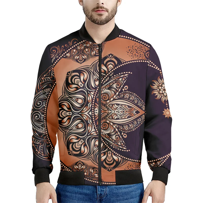 thumbnail image 1 of Chaqueta con estampado 3D de mandala bohemio para hombre, sudadera con estampado floral de primavera y otoño, abrigos de manga larga con cremallera y estilo aviador, 1 of 5