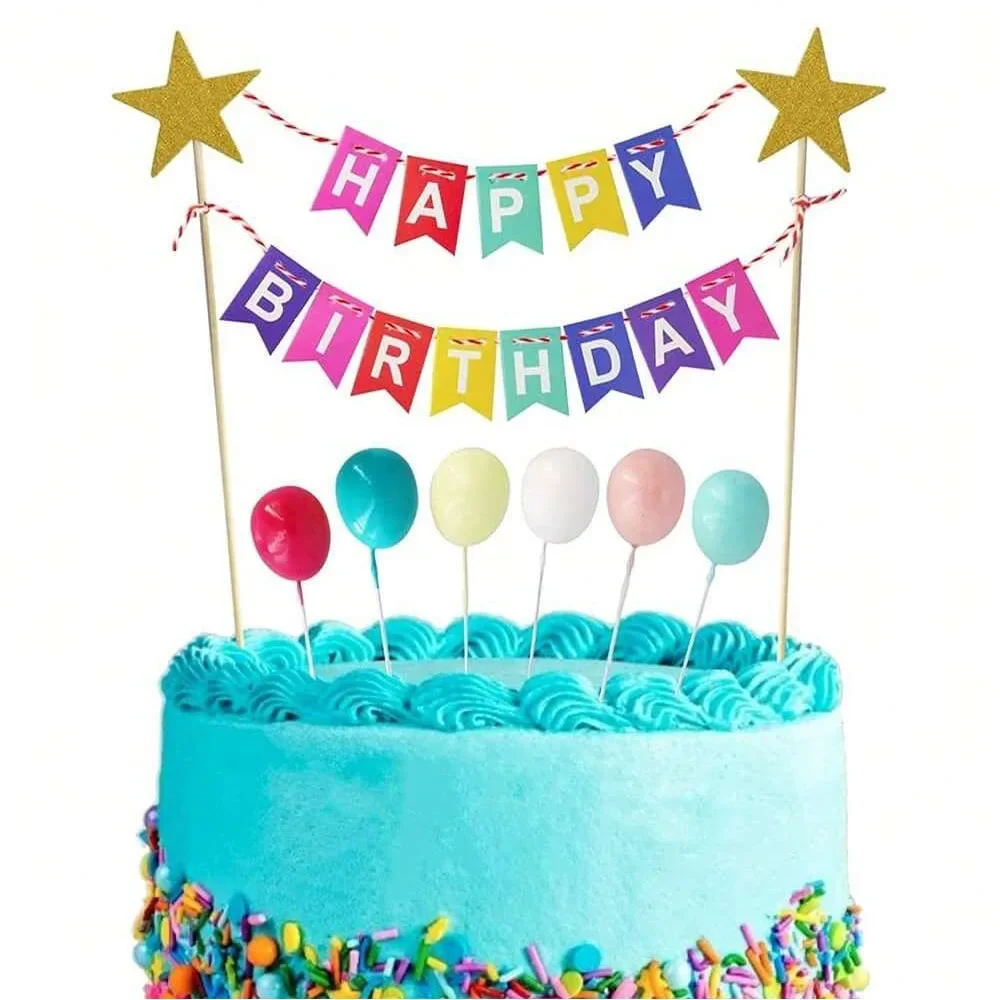 Cake Plugin Set,happy Birthday Banner Hat Including Colorful Rainbow Clouds,balloons,stars  Cake Decoration Accessories Tools