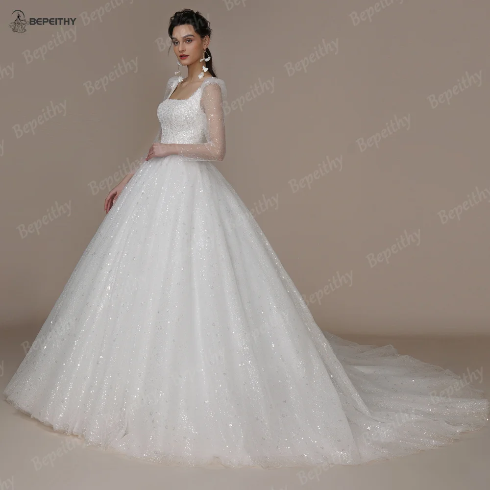 BEPEITHY Customized Shinny Square Bride Wedding Dresses For Women Long Sleeves Glitter Open Back Bridal Modern Ball Gown 2023 2
