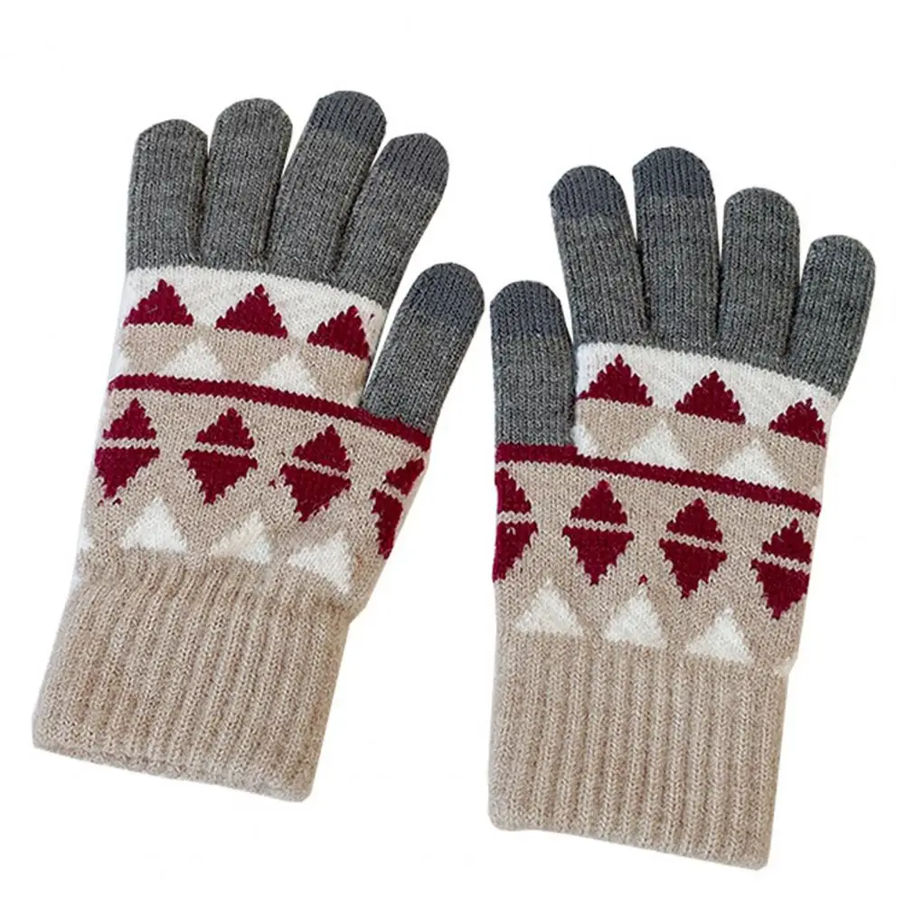 

Women Windproof Gloves Stylish Women's Winter Gloves Windproof Plush Touch Screen Geometric Print Knitted Anti-slip Cycling