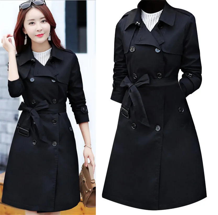

Autumn Fashion Double-breasted Mid-long Trench Coat Solid Color Elegant Slim Windbreaker Women