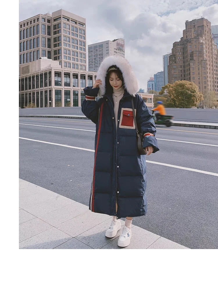 2023 Winter New Popular 90% White Duck Down Long Over Knee Navy Large Fur Collar Hooded Down Coat Women's Thick Coat