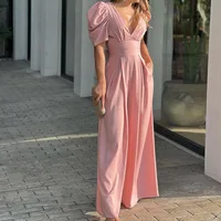 Casual Elegant Women's Summer Trendy Deep V-Neck Puff Sleeve Hollow Backless High Waist Jumpsuit Sexy Slim Pearl Button Belt - Image 5