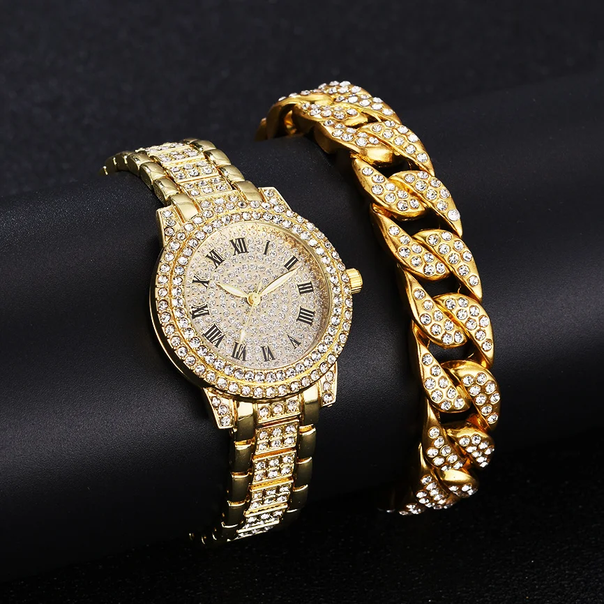 2PCS Luxury Iced Out Watch Bracelet for Women Sliver Gold Diamond Ladies Watches Cuban Chain Jewelry Set Relojes Para Mujer Gift