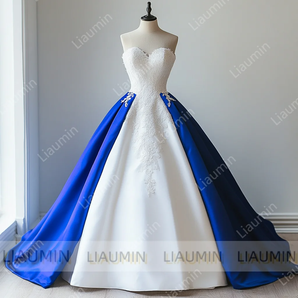 White Tulle Blue Lace Applique Strapless Floor Length Lace-Up Back Wedding Formal Prom Dresses Bridal Gown Customized Made W19-5