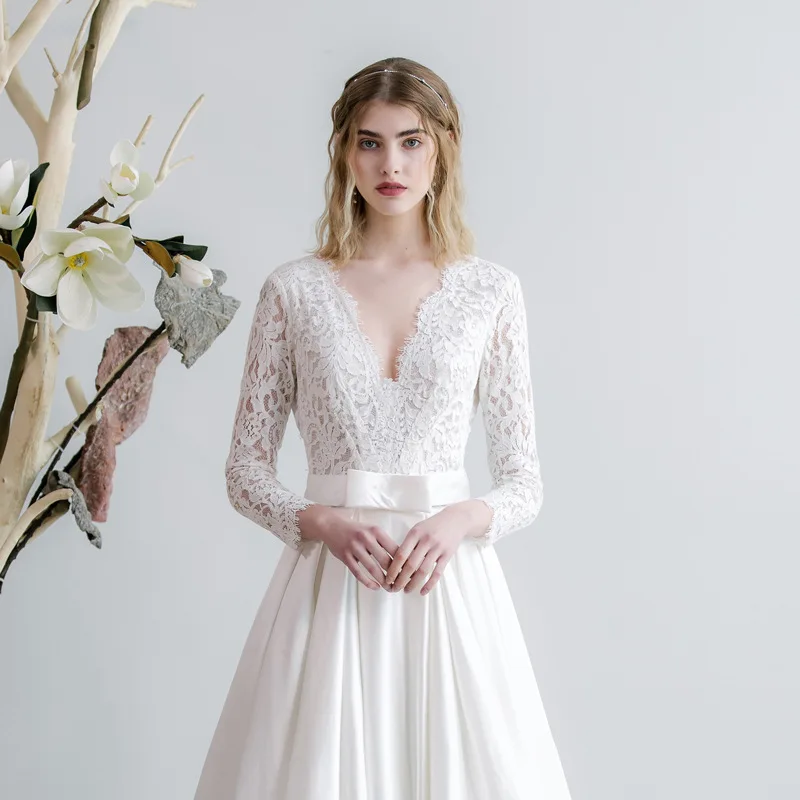

2023 New Perfect Bohemian V-Neck Long Sleeves Wedding Dresses Lace Appliqued Chiffon Bridal Gowns For Women Robe De Mariée