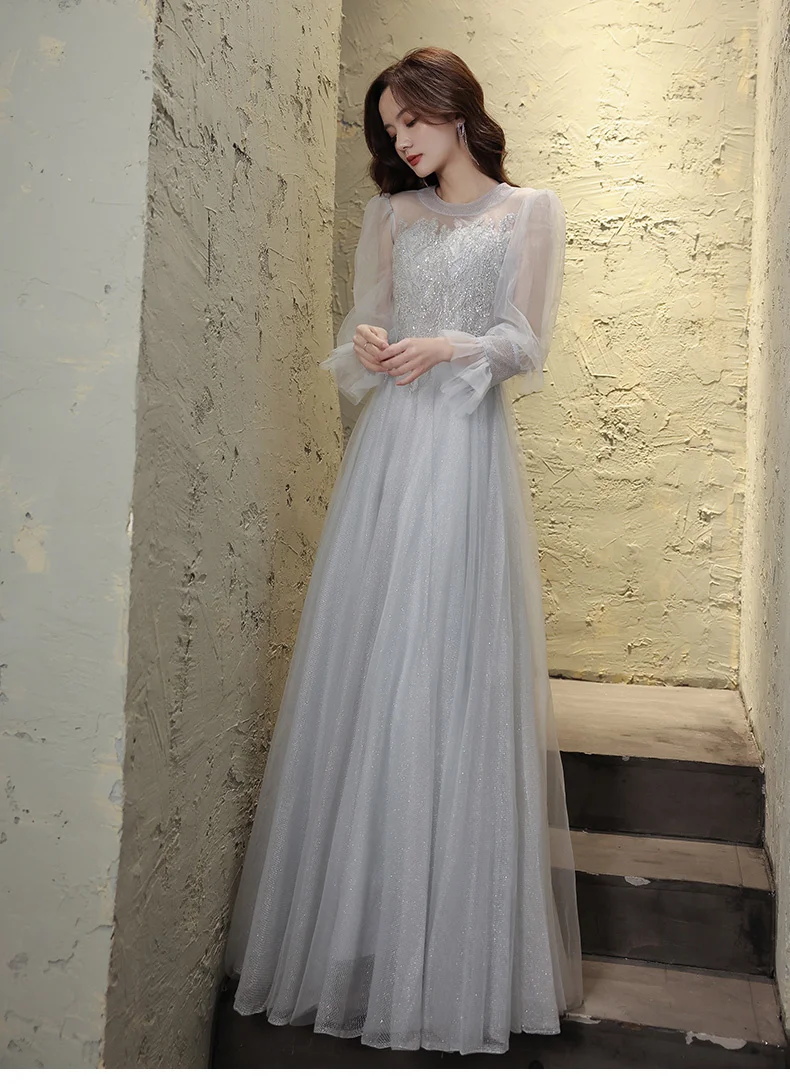 long sleeve evening dresses Gray Evening Dresses With Long Sleeves Elegant O-Neck A-Line Floor-Length Appliques Tulle Prom Gowns For Graduation Party evening dresses for women