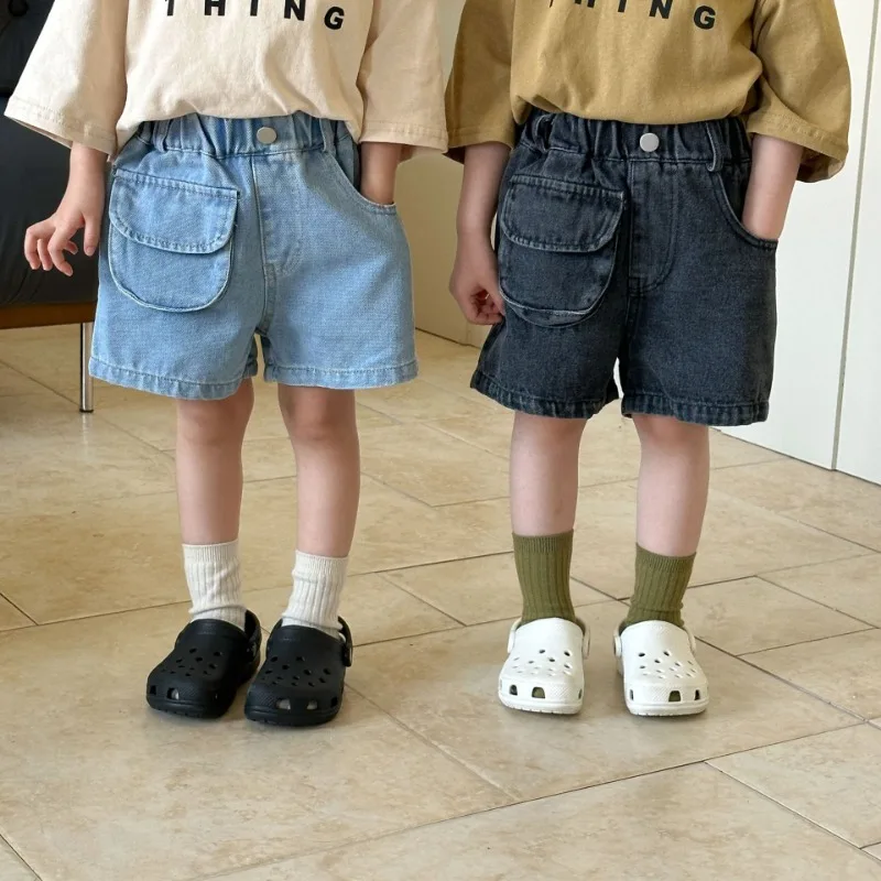 Kid's Summer Denim Shorts Girls' Solid Color Pocket Shorts Simple Style Boys' Loose Casual Knee-length Pants Children's Outwear