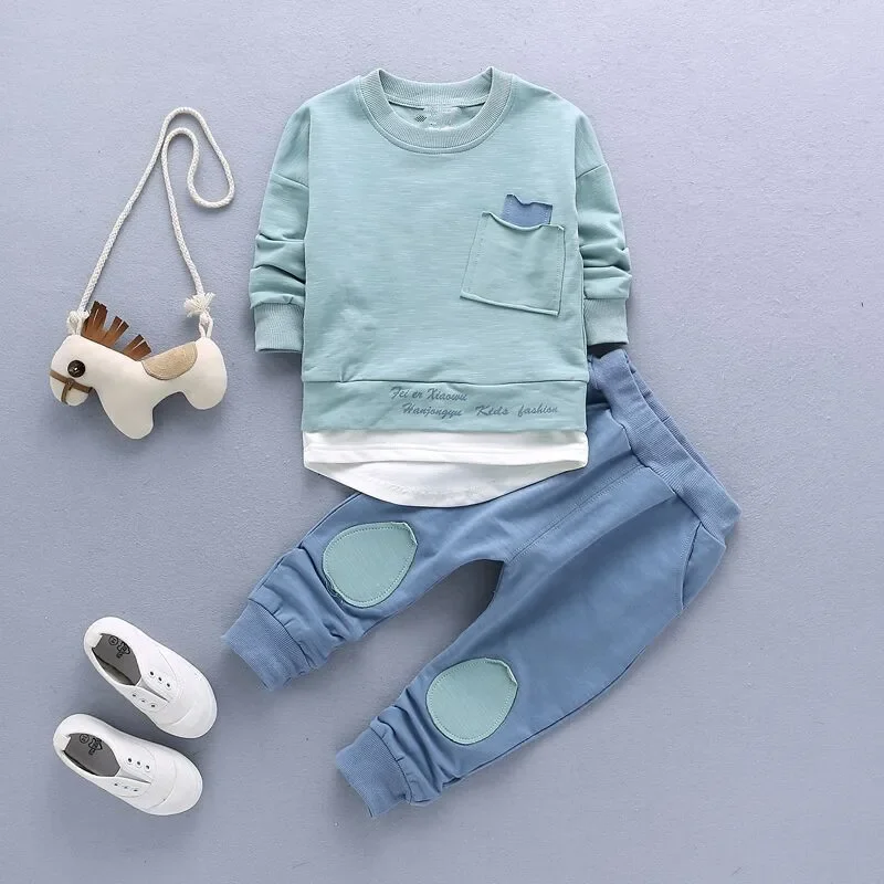 Kids Clothes Children suit Cotton long-sleeved spring and autumn boy baby Pocket t-shirt+ pants Sets 2pcs Boy casual sportswear