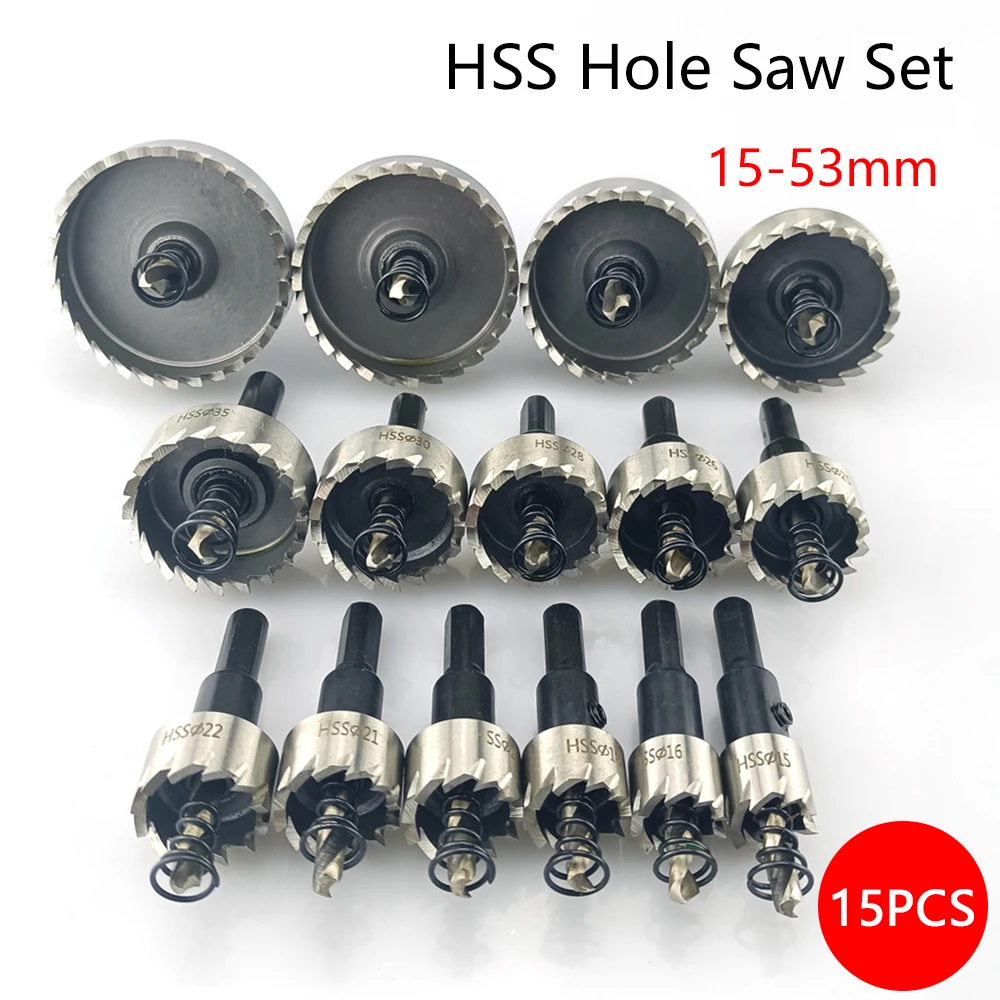 15 Pcs 15-53mm HSS Hole Saw Set High Speed Steel Drill Bit Drilling ...