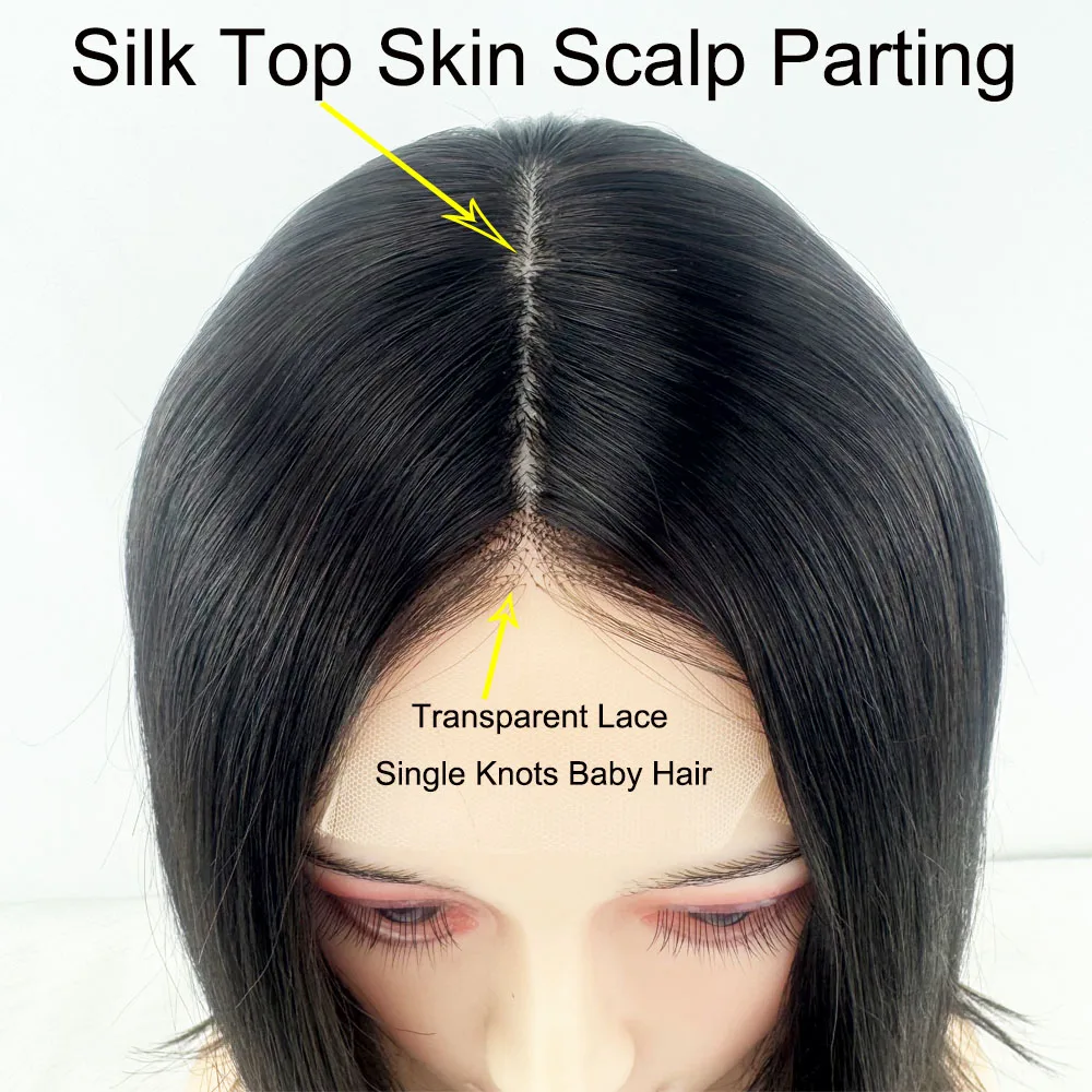 Human Hair Wig Short Human Hair Bob Wig Skin Base 5*5 Silk Top Closure Wig Free Part Malaysian Remy Hair Lace Front Free Part Natural Balck