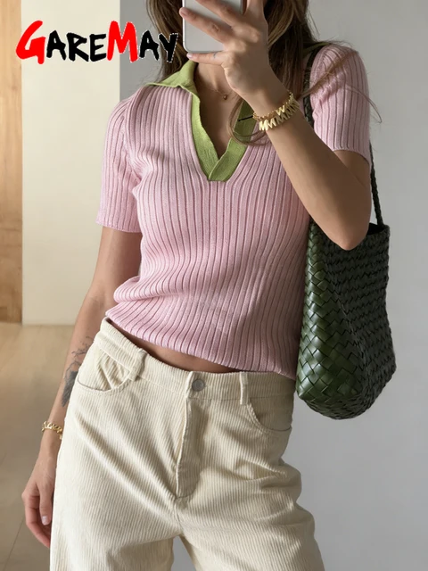 T-shirt élégant en tricot pour femme, jaune, manches courtes, style polo, 100% coton, haut d'été pour femme, Y2k, rose basique, t-shirt pour femme 1