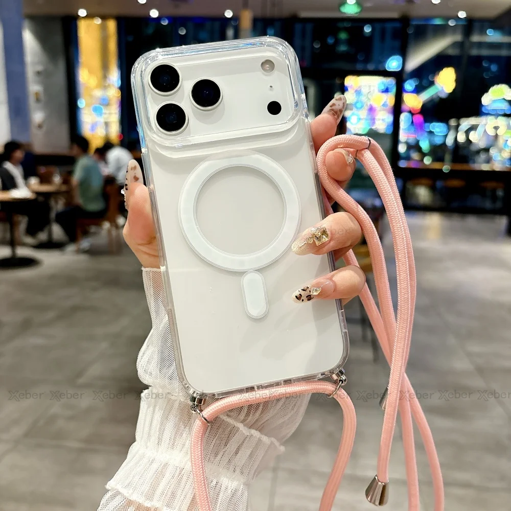 Clear Crossbody Lanyard Necklace Case with Magnetic Wireless Charging Cover