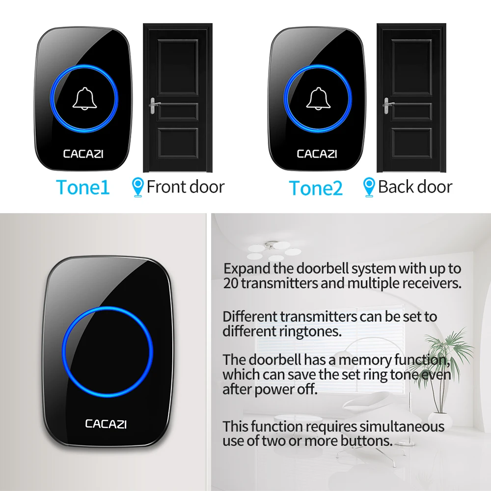 Smart Waterproof Wireless Doorbell LED Light Touch Button Home Security 60 Chimes Door Call Bell US EU UK Plug 300M Range