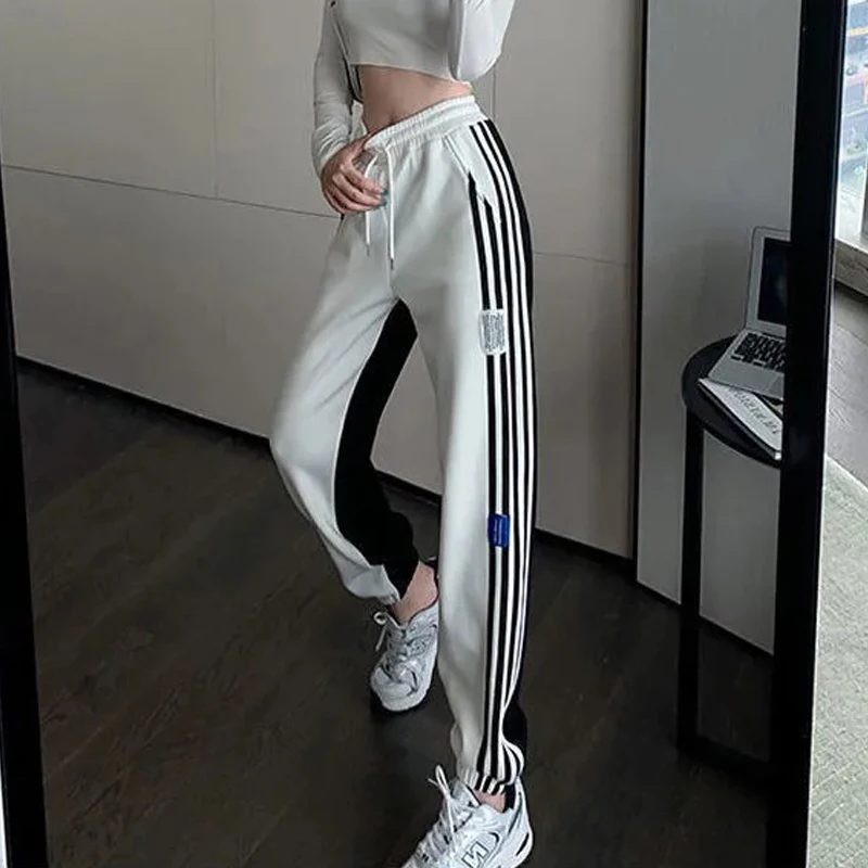 Women Fashion Side Stripe Casual Harem Pants  Summer New Loose Jogger Pant Female College Ankle Trousers Streetwear Length
