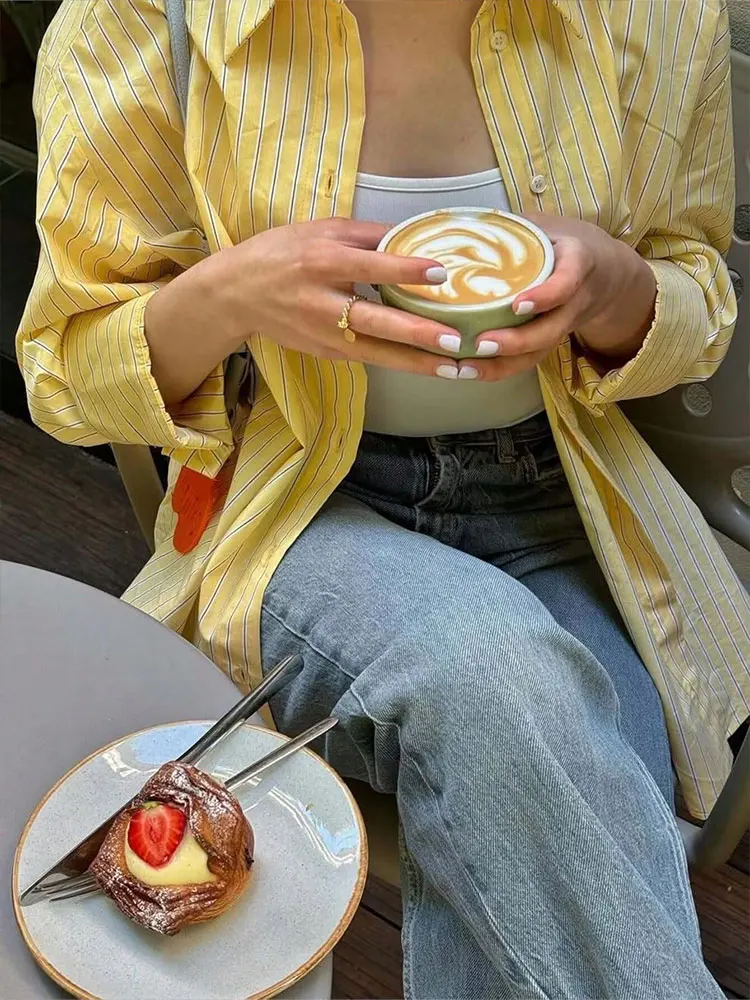 HH Yellow Striped Shirts For Women 2025 New Fashion Blouse Loose Casual Single-Breasted Long Sleeve Shirt Office Lady Tops