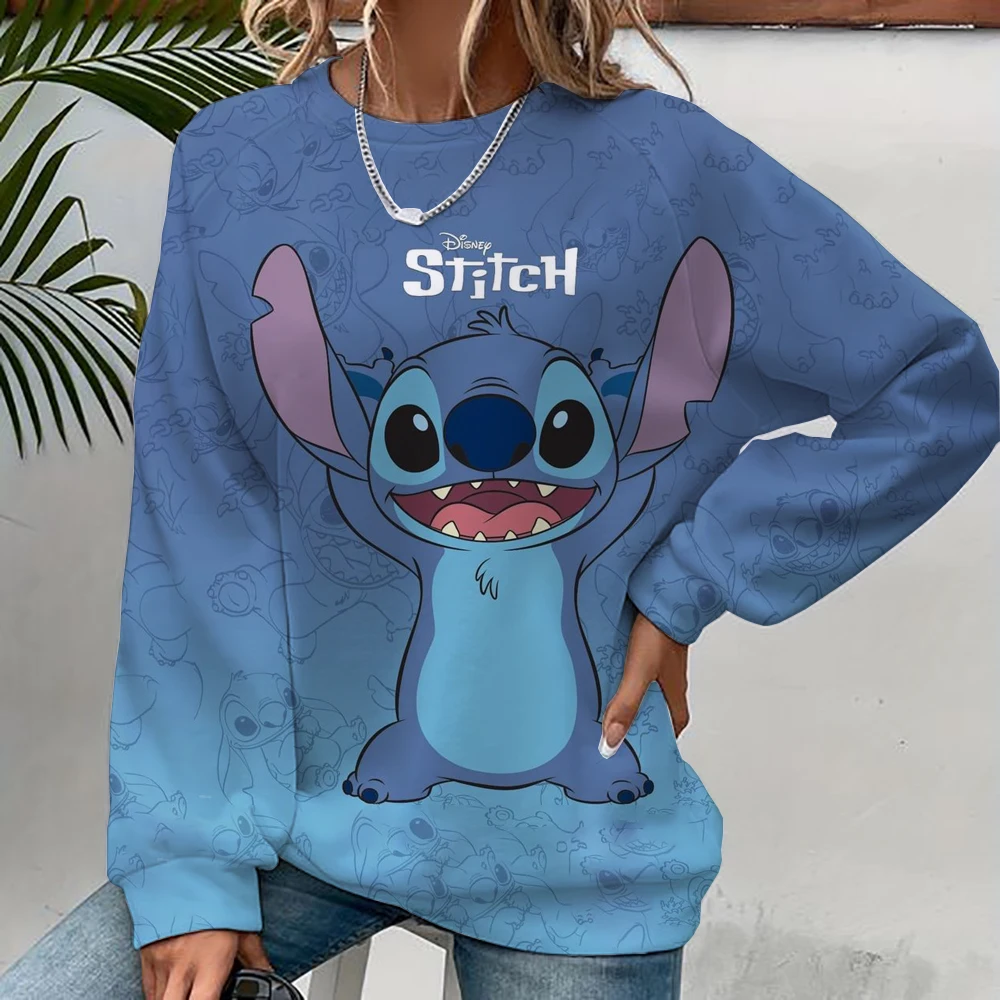 Women's Disney Stitch print Long Sleeve Sweatshirt Vintage Korean Harajuku Y2k Aesthetic Oversize Graffiti Print Pullover 2000s 2