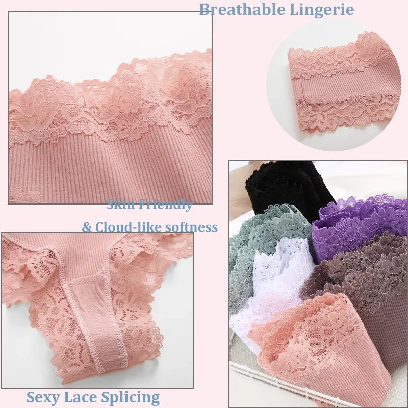 3PCS New women's underwear cotton crotch triangle pants, comfortable and sexy mid waist threaded cotton triangle pants