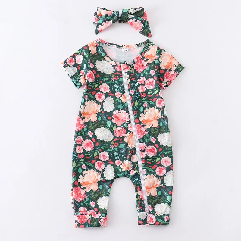 

Toddler Summer Baby Girls 2Pcs Zipper Jumpsuit Newborn Infant Floral Short Sleeve Fashion Lovely Style Party Wear Baby Outfits