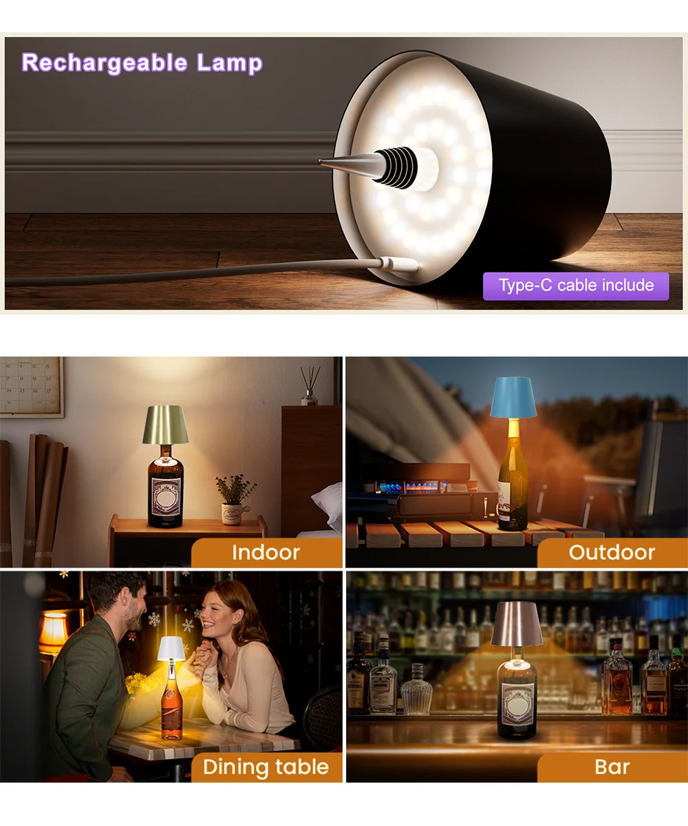 Description Picture 4 of itemRecessed Wine Head Table Lamp Tri-colour Removable Removable Party Camping Lights Rechargeable Wine Head Ambient Lights