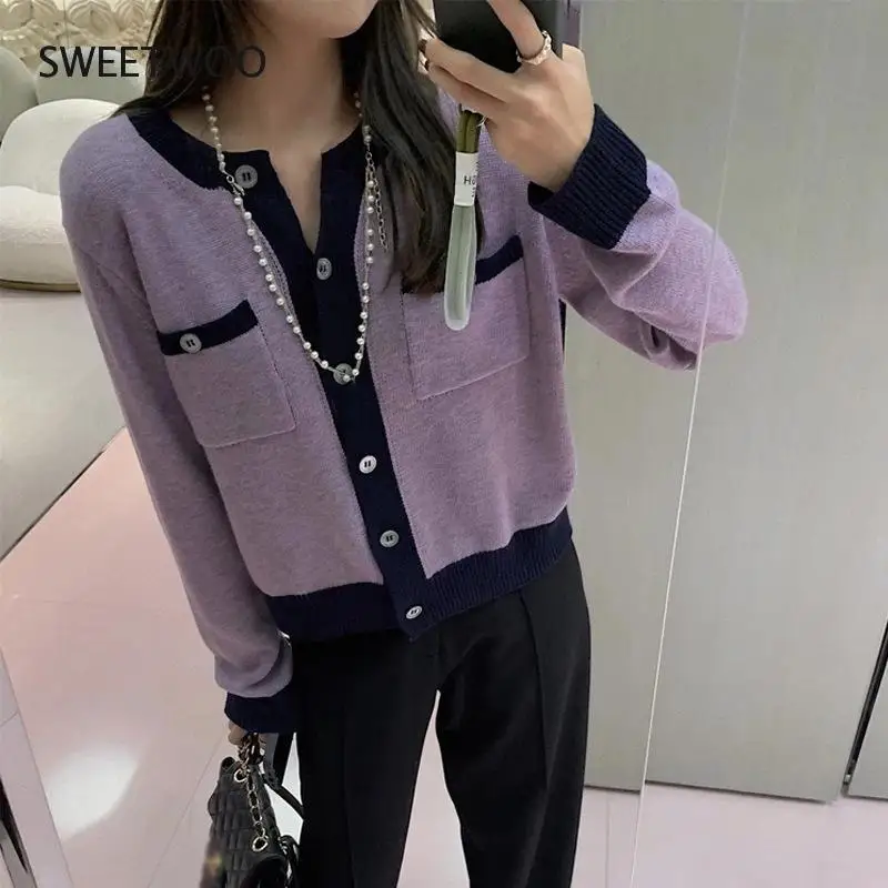 

O-Neck Chic Panelled Knitted Cardigans Fashion Vintage Single Breasted Women Sweaters Autumn Loose Double Pockets Coat Tide Chic