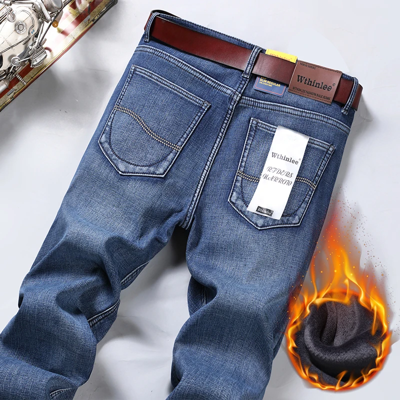 WTHINLEE Winter Thermal Warm  Fleece Thick Warm Men's Jeans Winter Stretch Straight Denim Plush Pants Classic Casual Trousers 5