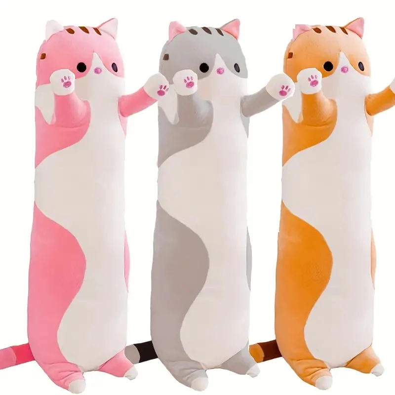 Oeonuas Cute Cat Plush Long Body Pillow Cuddle Cartoon Stuffed Animals Cat Plushie Soft Doll Pillows Gifts For Kids Girls (Orange, 27