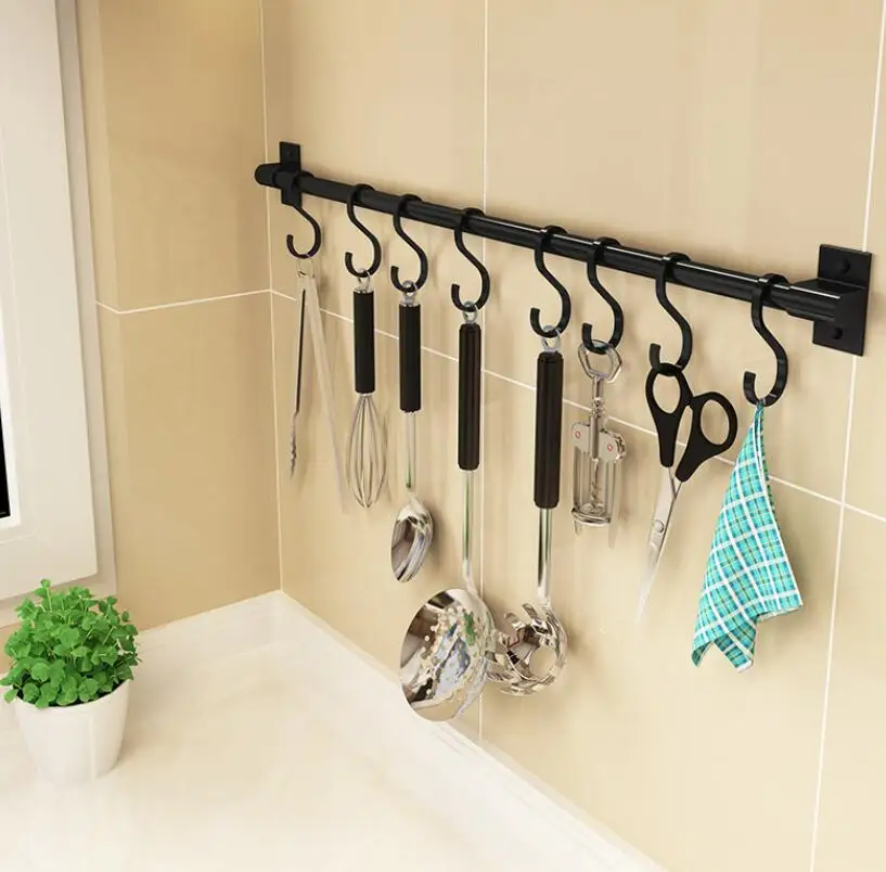 120cm Hardware Kitchen Hook Rack Pantry Bar Kitchen Shelf Black Space Aluminum Frame Kitchenware Utensil Tool Storage Rack