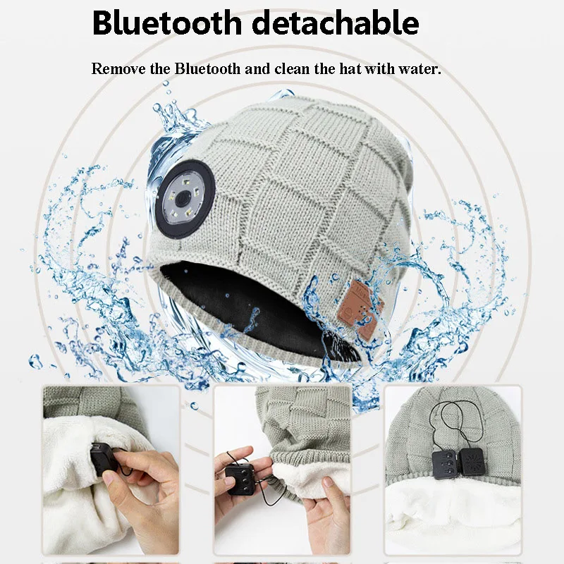 Warm Bluetooth 5.0 Headphones Outdoor LED Light Music Hat with MIC for Handsfree Easy to Disassemble Washable Birthday Gifts