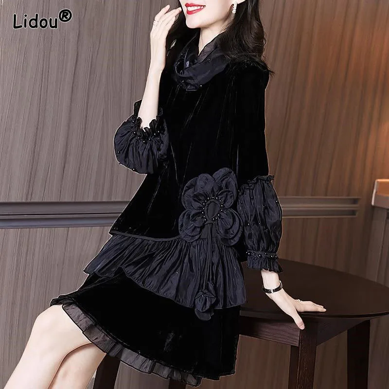 Puff Sleeve Thin Chiffon Spring Autumn Women's Clothing Elegant Fashion Pile Collar Lace Floral Dresses Lightly Cooked Elegant