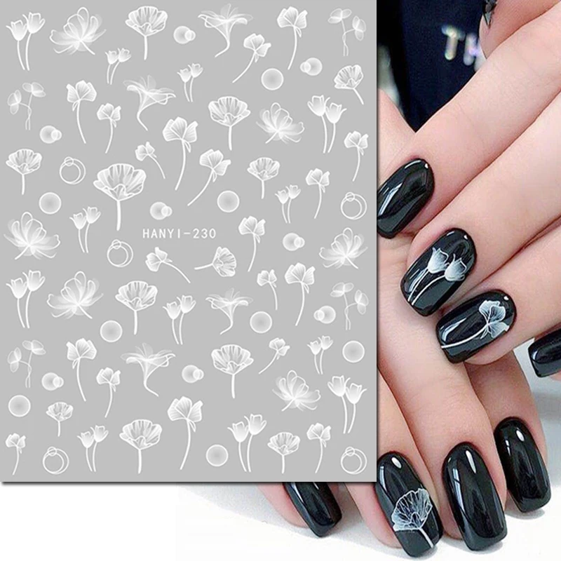 

3d Nail Art Decals Elegant White Lotus Flowers Leaves Adhesive Sliders Nail Stickers Decoration For Nail Tips Manicure