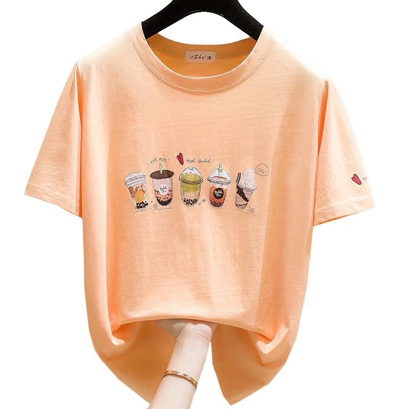 

Футболка женская хлопковая в стиле Харадзюку, милая стильная рубашка с принтом молочного чая, мороженого, повседневный топ свободного покроя для девушек, на лето