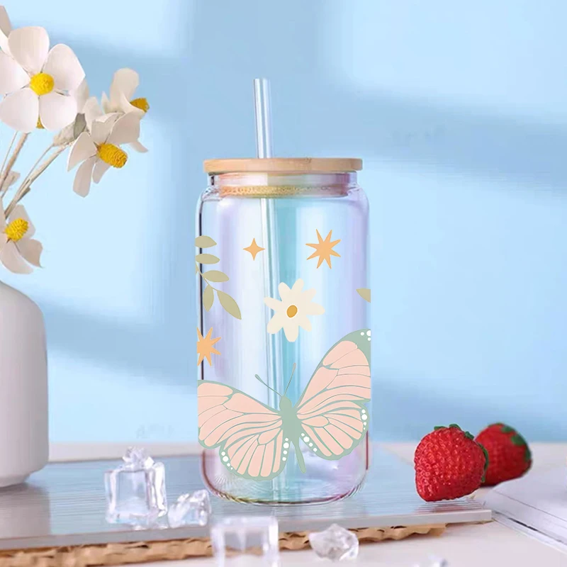 Butterfly, ladybug UV DTF Transfer Happy Juice Printed Sticker For The 16oz Libbey Glasses Wraps Bottles D18373