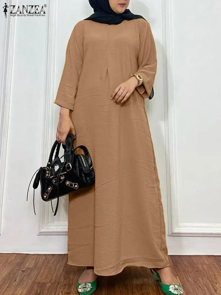 

ZANZEA Woman Fashion Marocain Muslim Dress Long Sleeve O-Neck Dresses Elegant Party Sundress Casual Solid Color Maxi Robe 2024