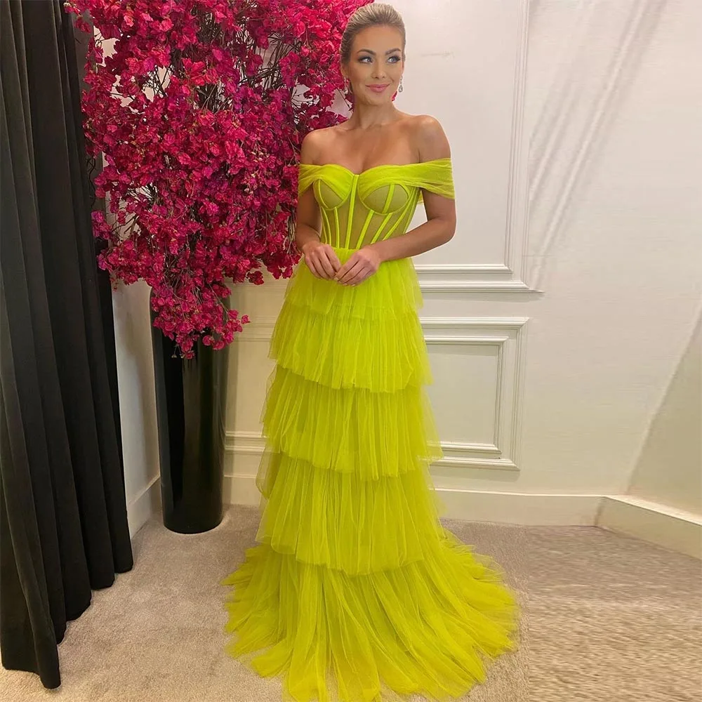 

Xijun Lemon Yellow Tiered Ruffles Tulle Prom Dresses Off the Shoulder A-Line Dubai Women Long Evening Gown Formal Party Dress