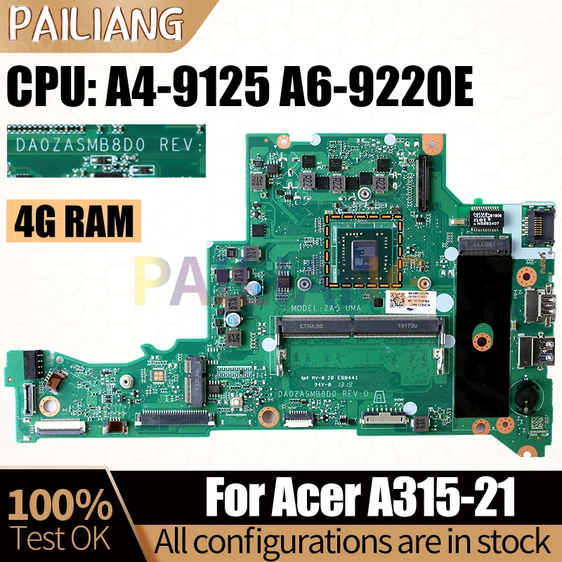 Laptop Mainboard para Acer A31521 Da0zasmb8d0 Nbgnv1100p Nbgnv1100n Nbgnv1100u A4-9125 A6-9220e Notebook Motherboard