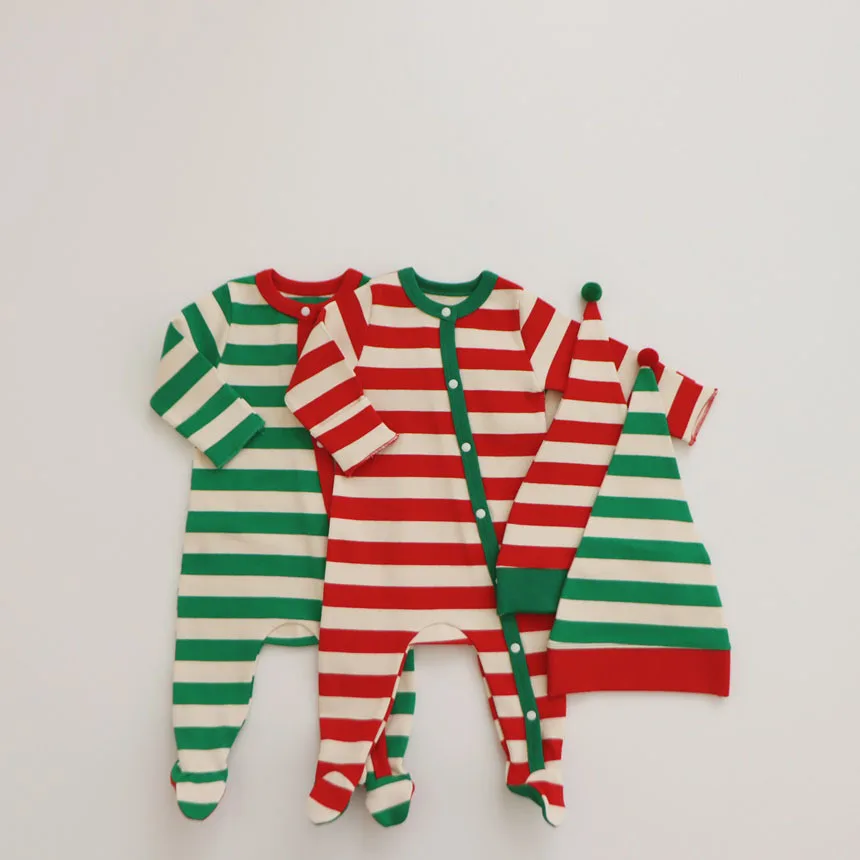 

2022 Christmas Newborn Baby Girls Rompers And Hats Autumn Winter Infant Toddler Cotton Striped Jumpsuit Baby Christmas Outfits
