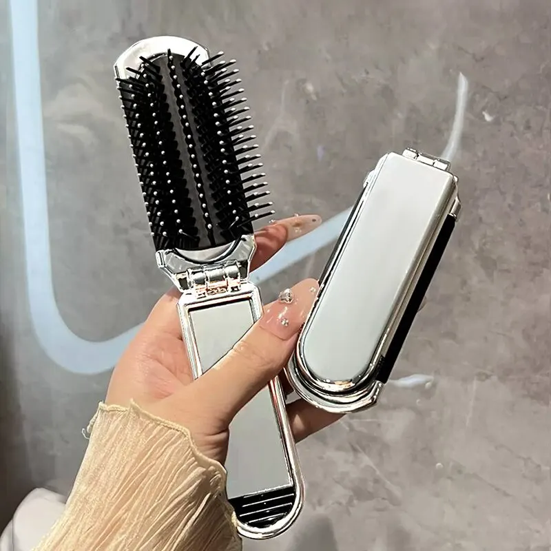 Hair Comb Electroplated Folding Airbag Portable Airbag Massage Women's Special Removable Makeup Mirror 2-In-1